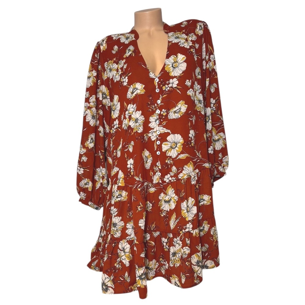 EMMA & MICHELE Sz 1X Rust Floral Print Tiered‎ Ruffle Hem V Neck Button Up Dress